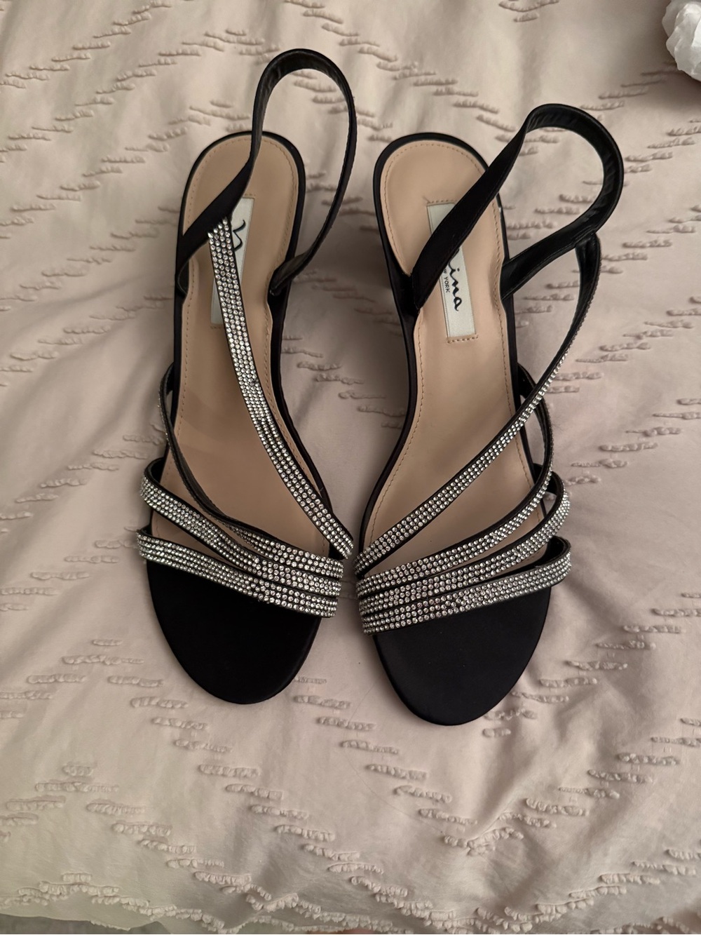 Nina Black Rhinestone Strappy Slingback Heels